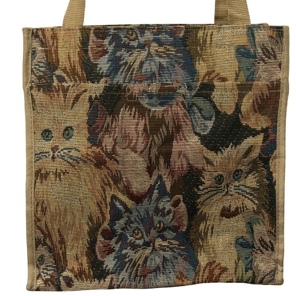Vintage Style Woven Tapestry Kitten Cat Print Tote Bag with Zipper Pockets New